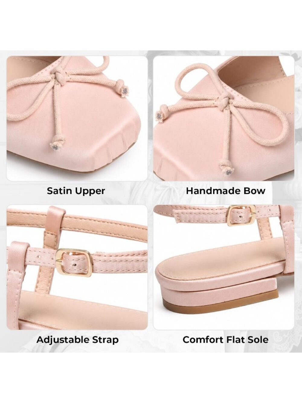 Women's Nude Satin Slingbacks Ballet Flats Square Toe Bow Ankle Buckles Shoes - Picture 6 of 6